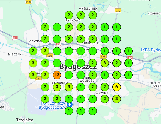 Mapa pozycji w Google Maps: Poznań, stan po wprowadzeniu do top 3